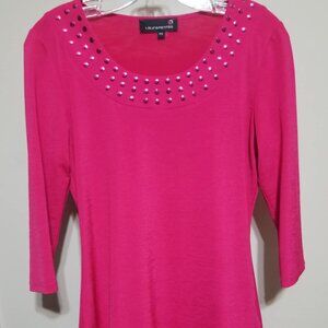 Laura Top Petite Small Pink Tunic Studs 3/4 Sleeve Slits Modern Office